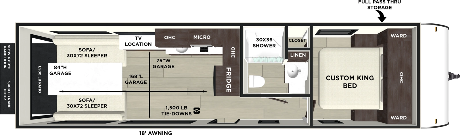 The Wildwood FSX 270RTK floorplan is a toy hauler that has one entry and zero slide outs. Exterior features include: fiberglass exterior, 18' awning and  outside entertainment. Interiors features include: front bedroom.